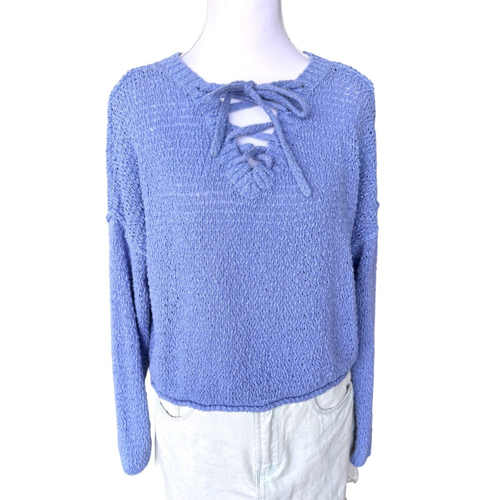Hollister Lace Up Sweater Front Open Knit Top Periwinkle Blue Boho Coastal Small